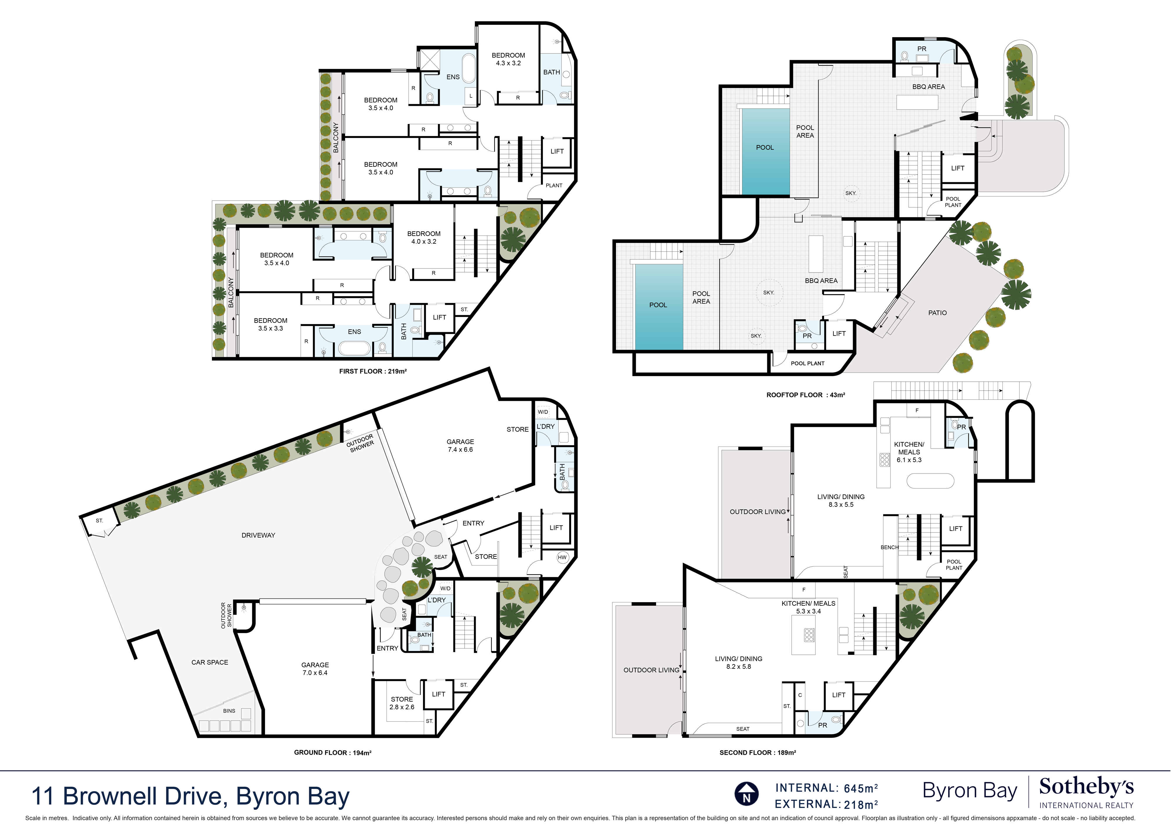 Detailed floor plans across four levels — 11 Brownell Drive Byron Bay, by Media Drive