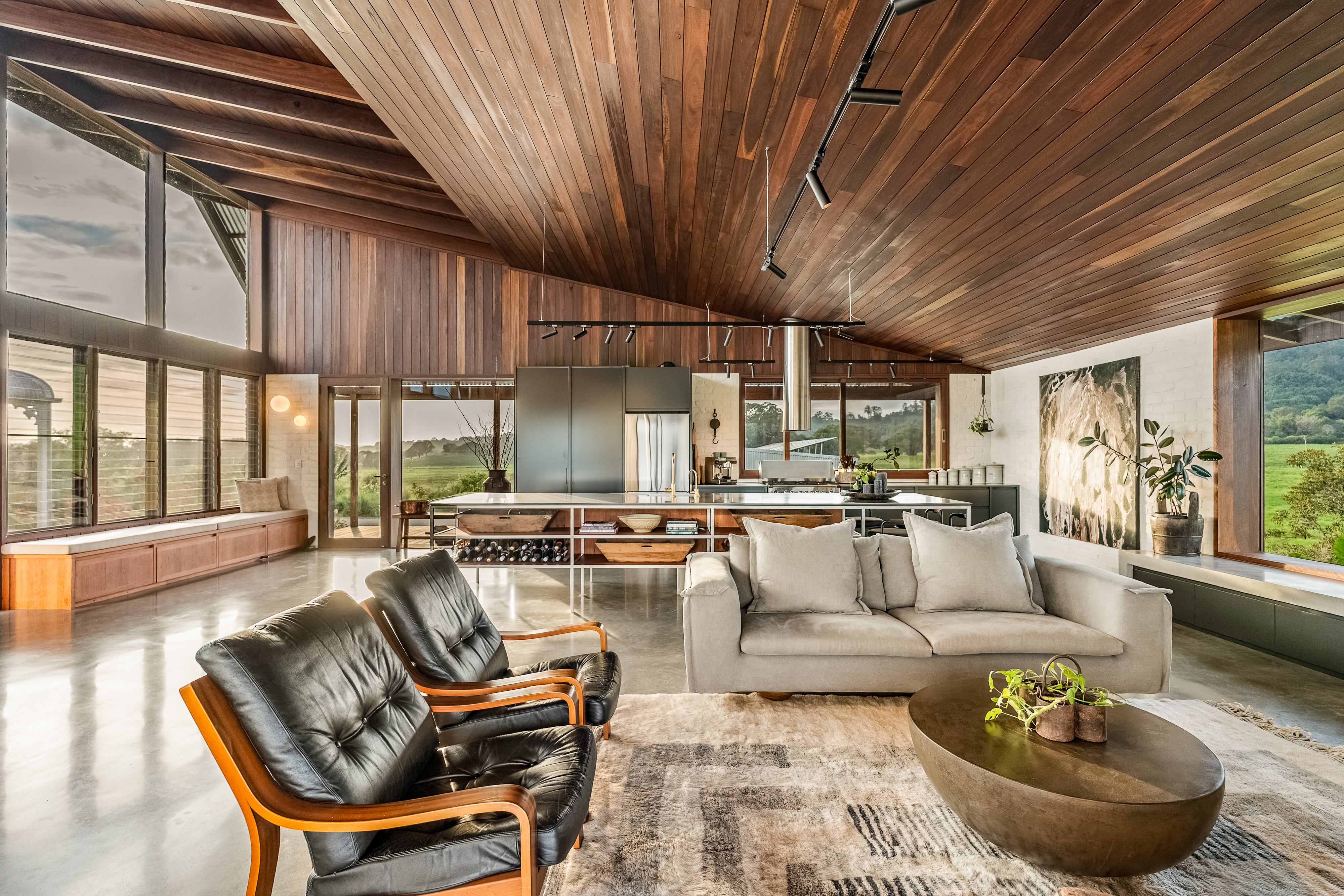 Modern extension living area with spotted gum ceiling and panoramic hinterland views