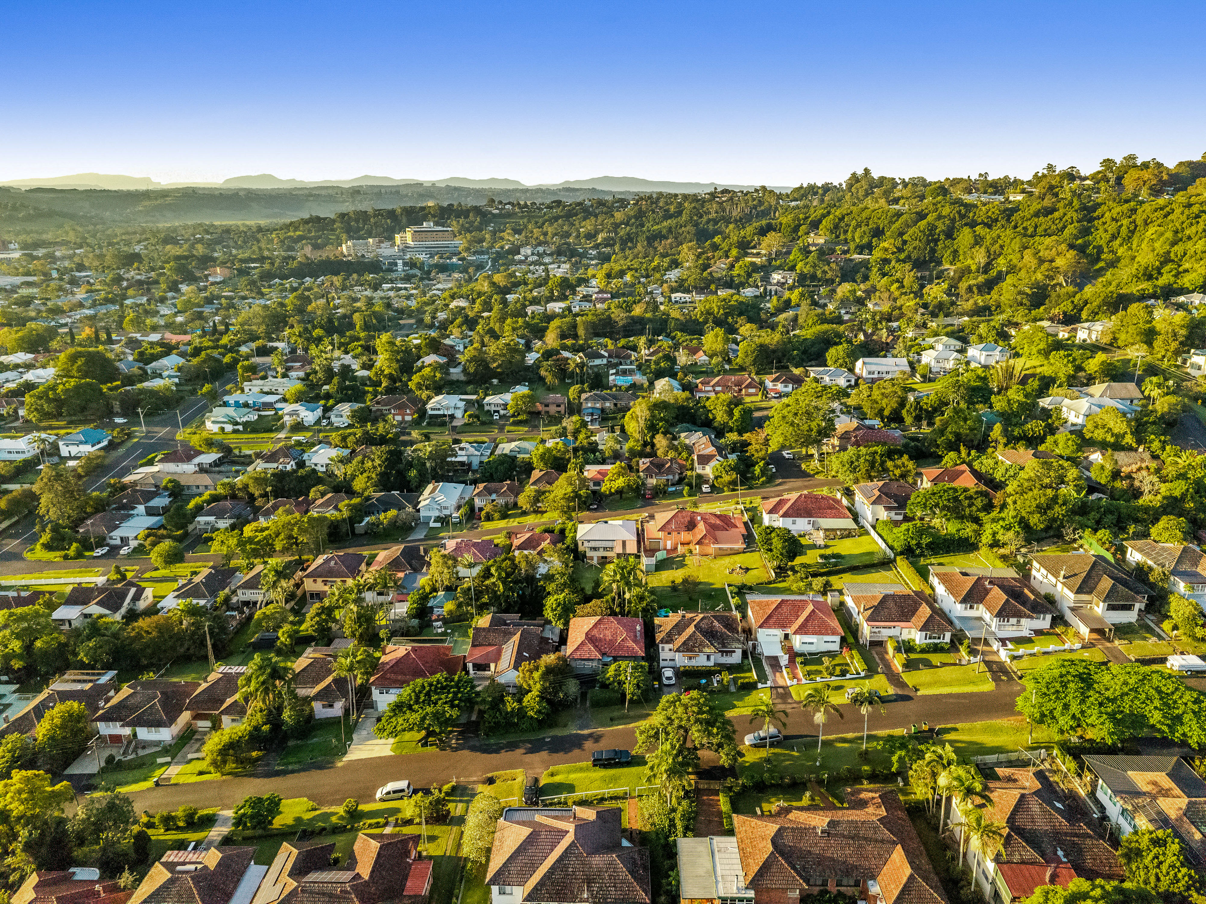 Aerial view of East Lismore neighbourhood at golden hour