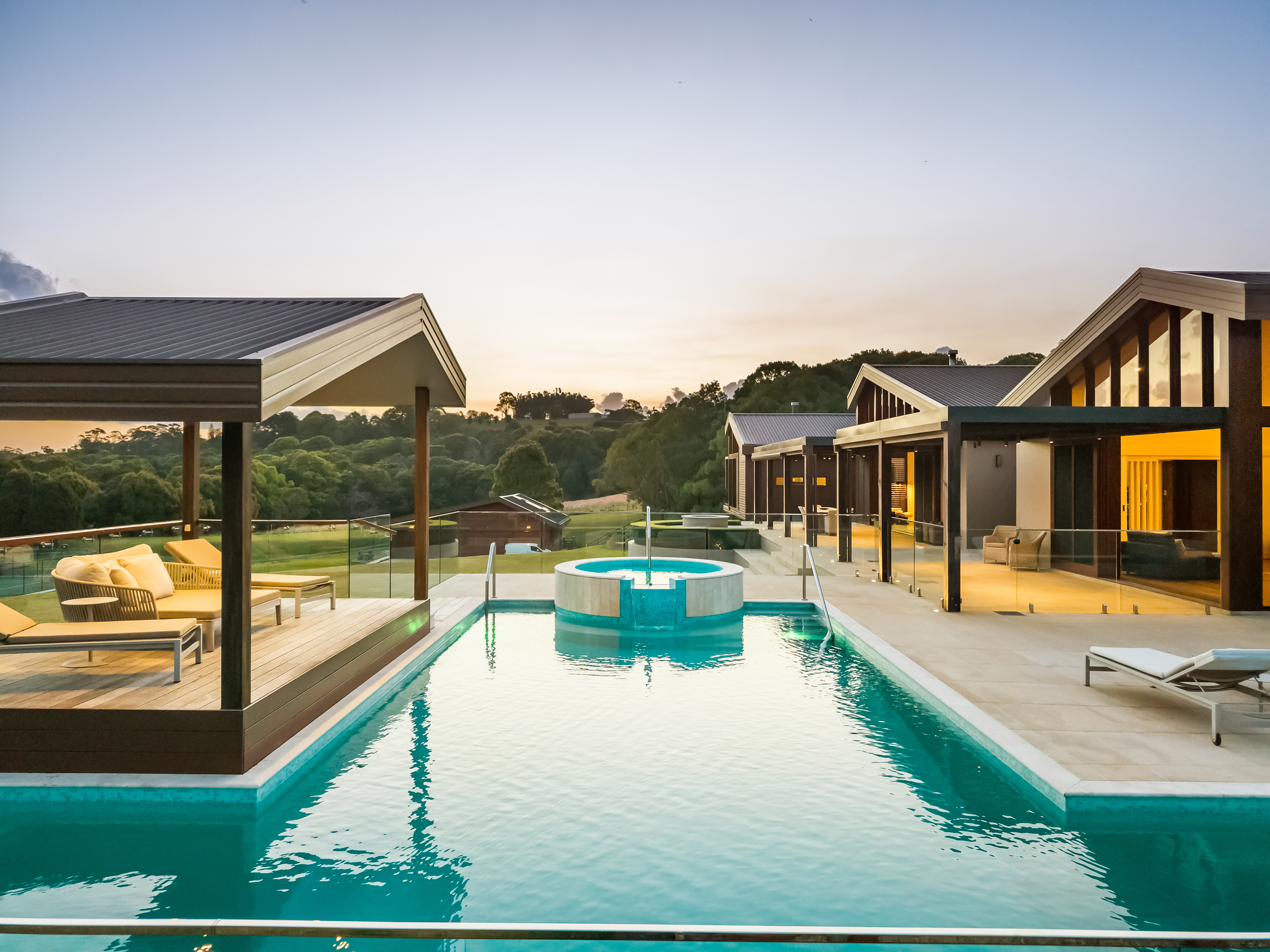 715 Bangalow Road Talofa — twilight drone photography showing pool, spa and pavilion architecture by Media Drive, Byron Bay hinterland real estate photographer