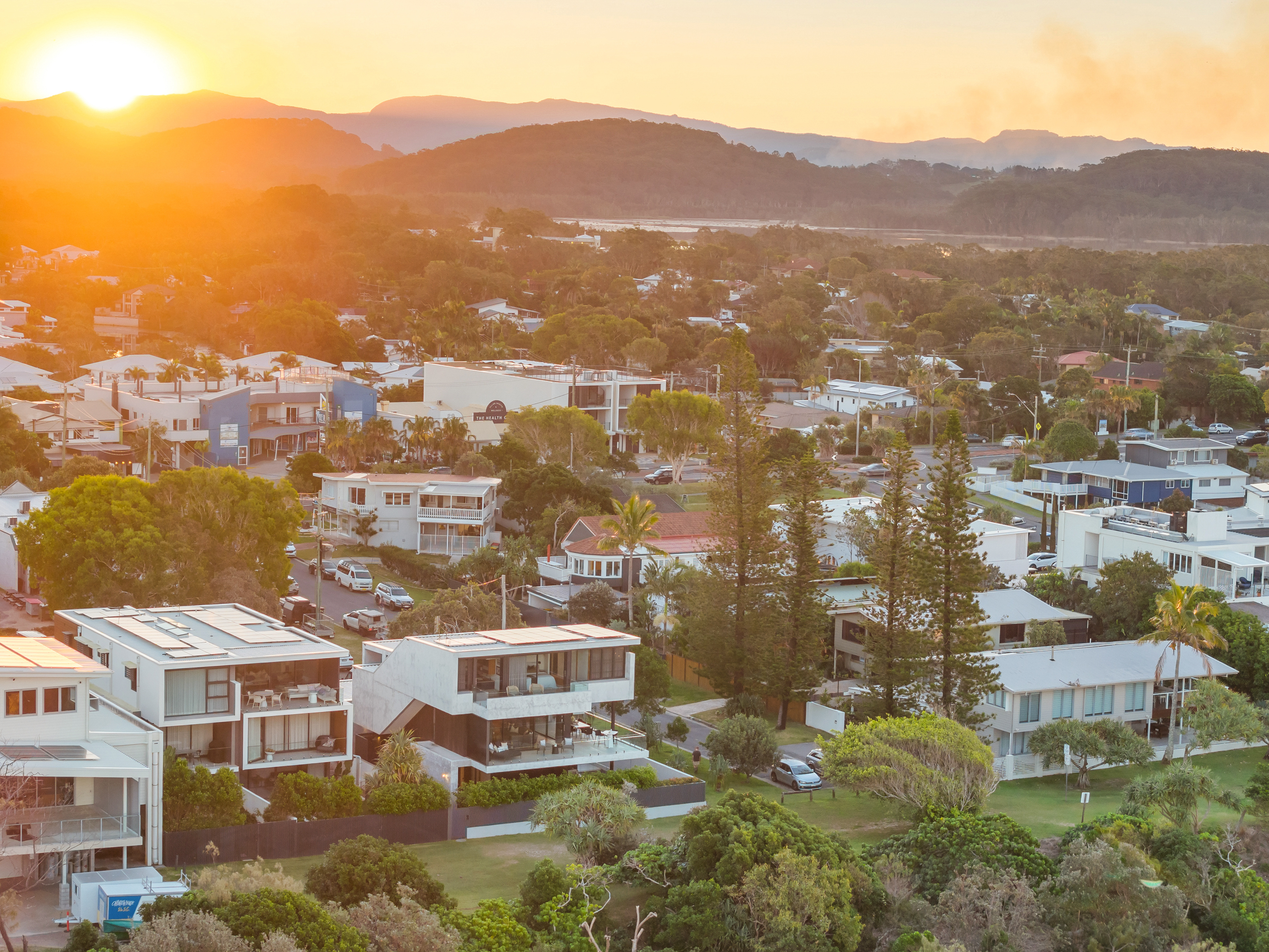 Twilight drone aerial with sunset over hinterland — drone photography Tweed Coast